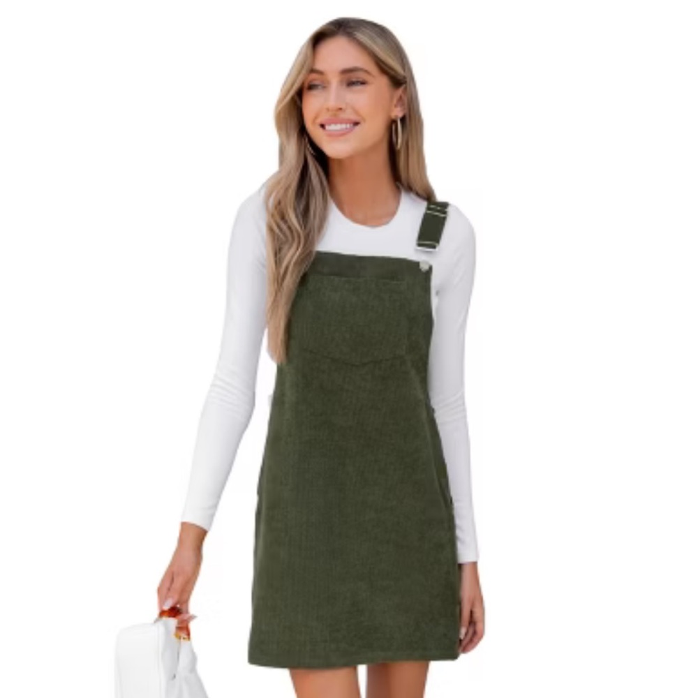 Cupshe Women's Corduroy Overall Olive Green Dress Square Neck Medium